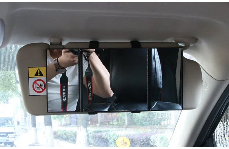 Silver folding car visor makeup mirror SD-2408 shown open and closed with ABS frame