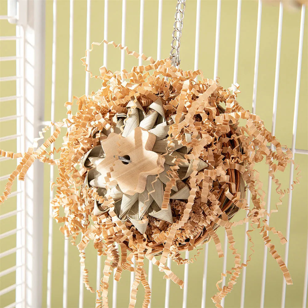 Three natural wood and rope parrot gnawing toys hanging as a bundle for large bird cage enrichment.
