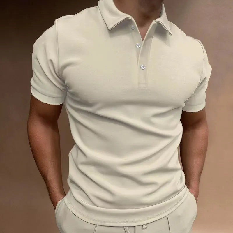 Men's grey loose fit button-down short sleeve t-shirt on a hanger.