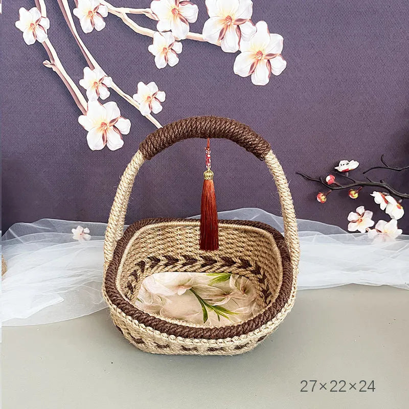 Small hand-woven coffee brown straw basket with retro pastoral style measuring 19x12cm