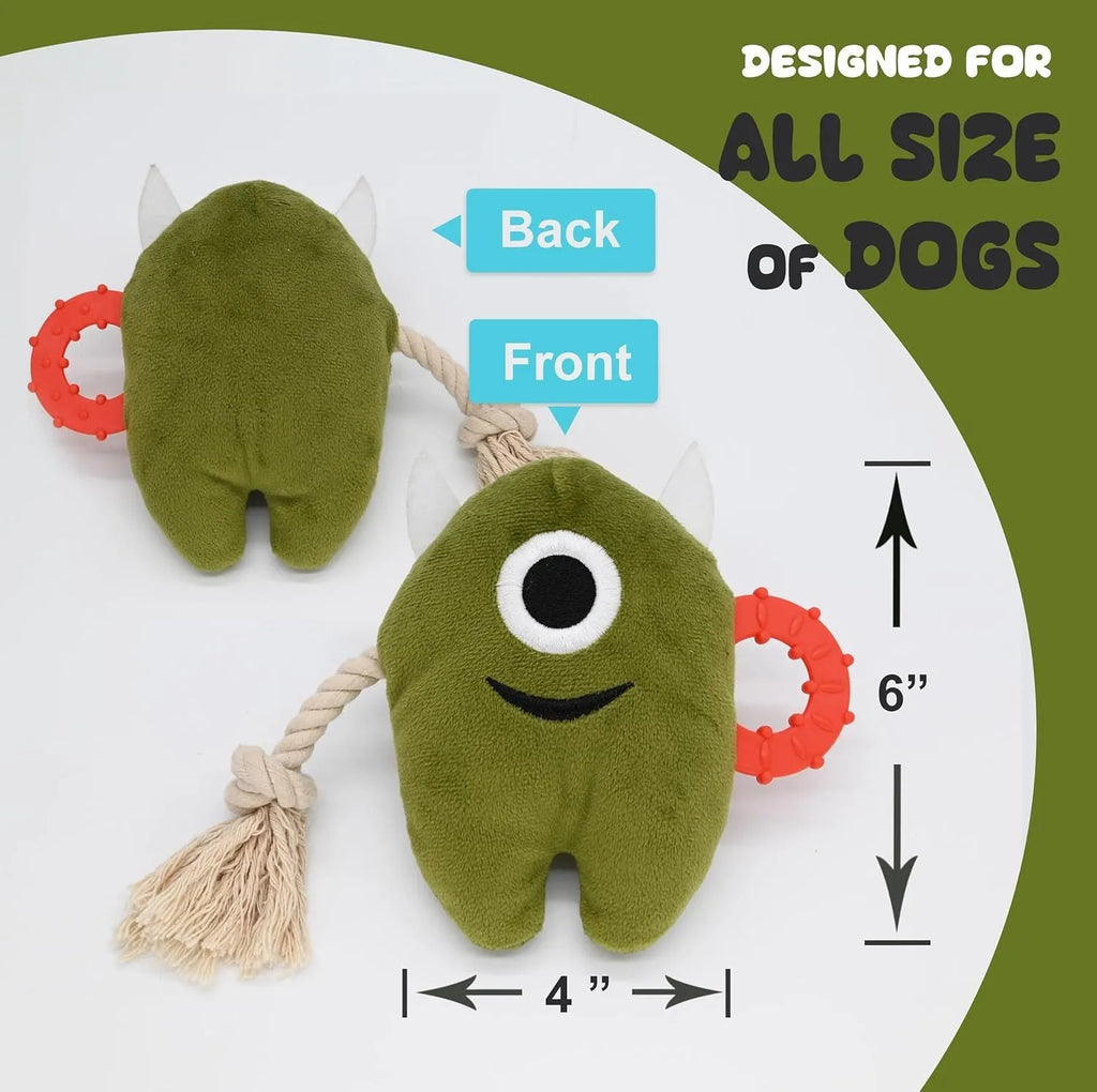 Blue monster dog toy with plush body and woven rope sections for chewing and tugging