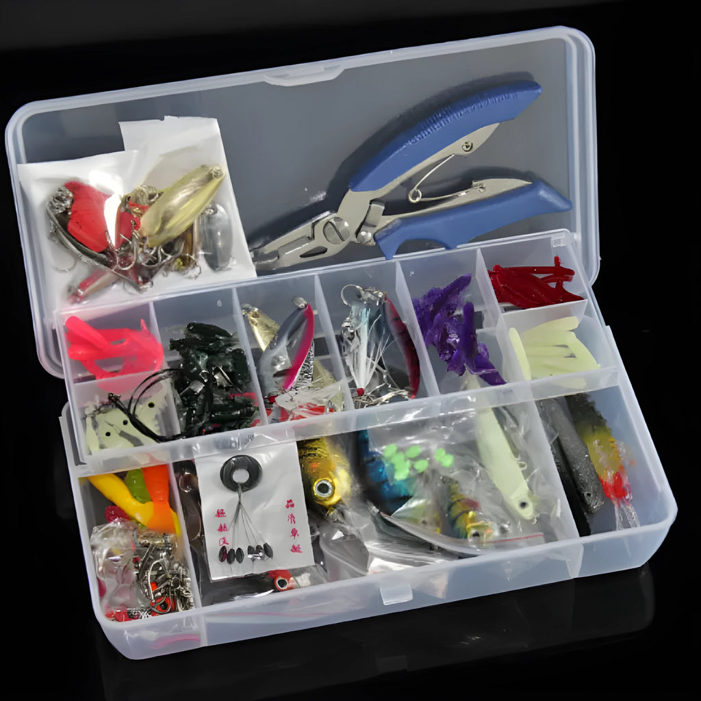 132-piece fishing lure set with soft plastic baits and high carbon steel hooks in rose red treasure colour