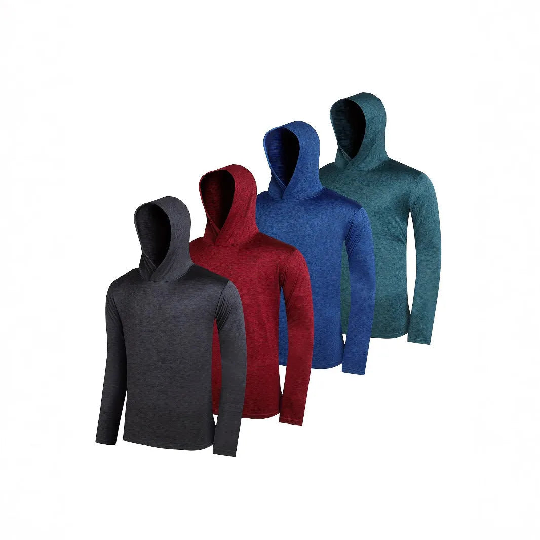 4-piece men's lightweight polyester hoodie set displayed in multiple colour options with size range S to XXXL