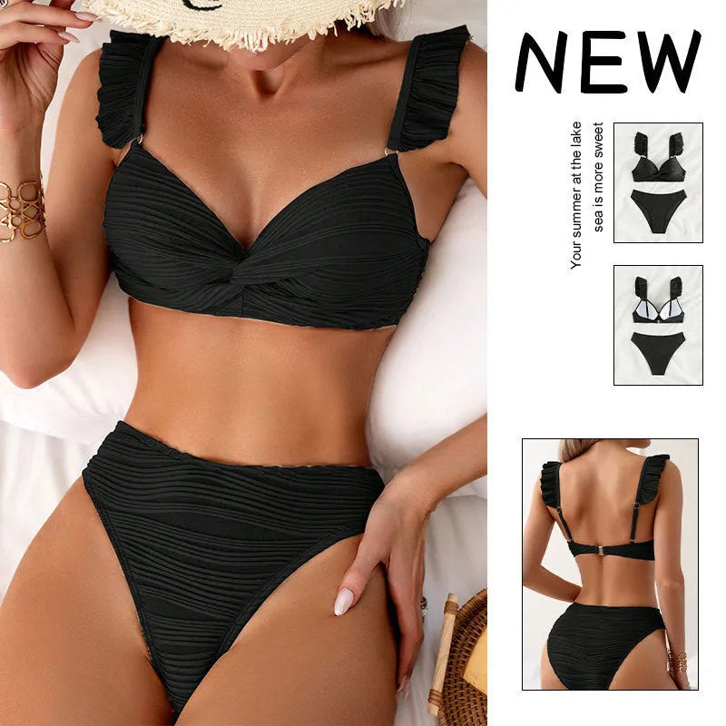 Women's solid colour bikini swimsuit in black or khaki made from polyester fibre