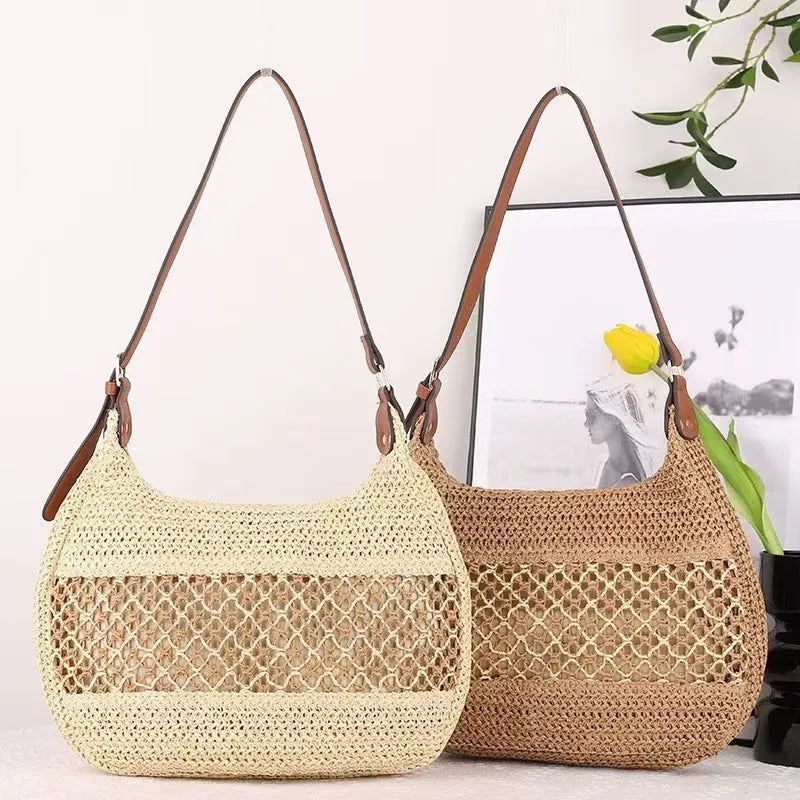 Women's casual straw cross body bag in horizontal square shape with sandwich pocket, khaki colour option