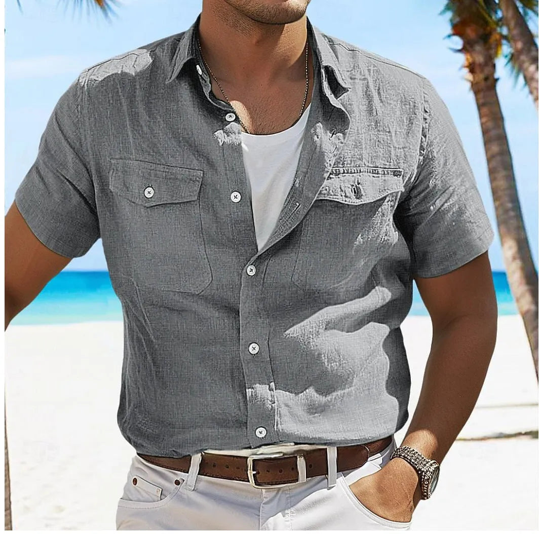 Men's linen summer shirt with polo collar in cotton fabric, shown in solid colour options