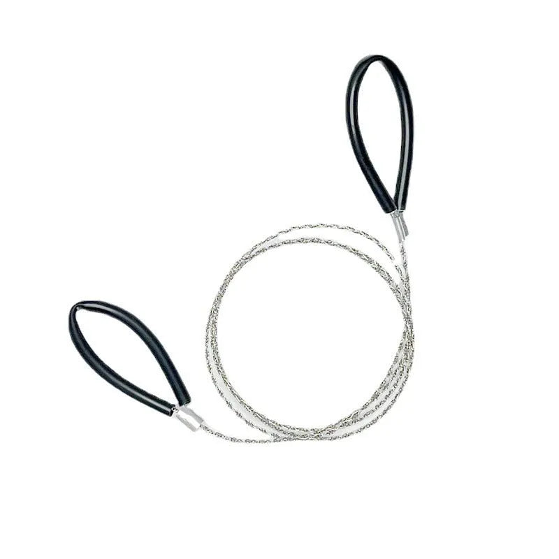 German stainless steel survival wire saw with black leather hand case, showing the four-strand cutting wire.
