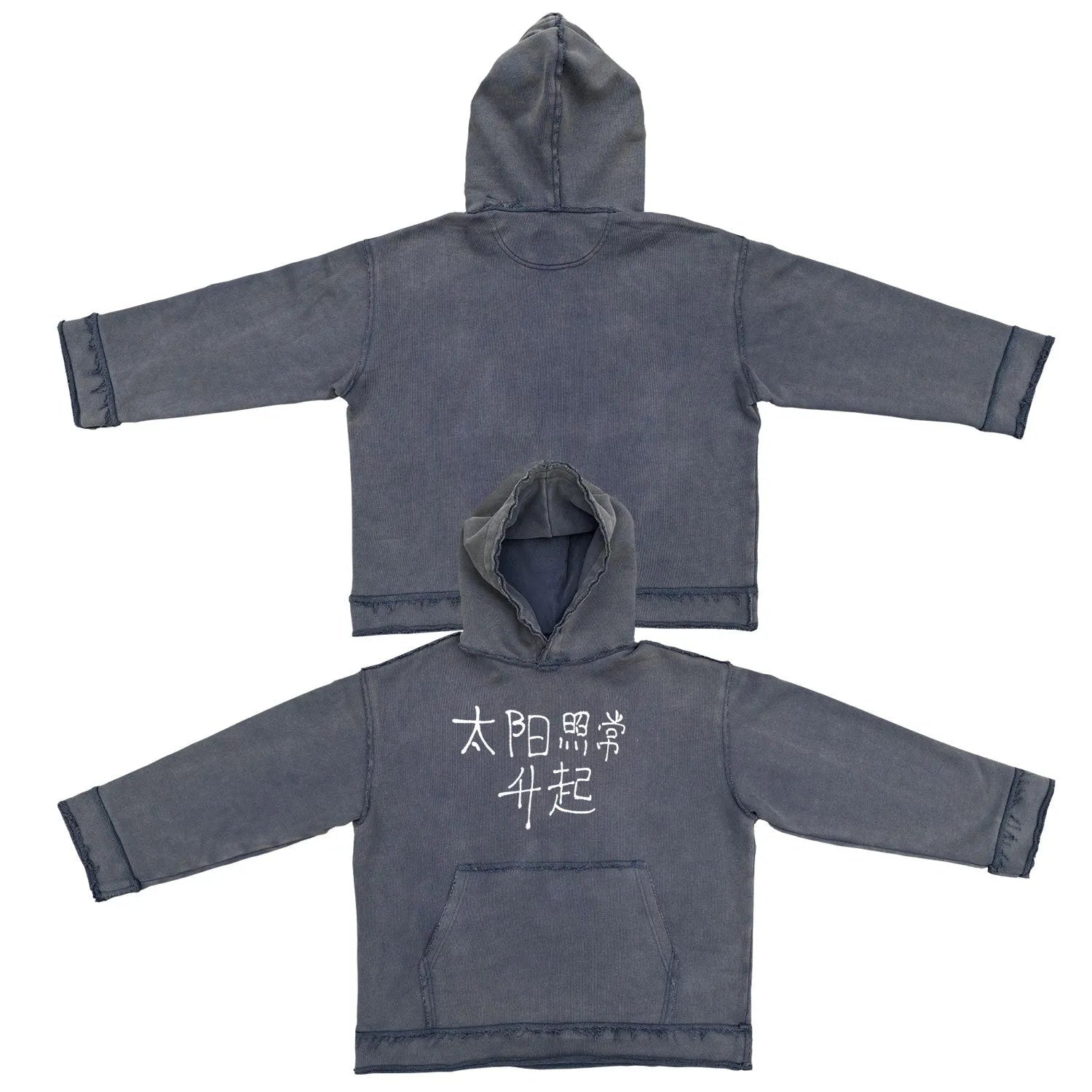 Dark blue hoodie with The Sun Also Rises graphic print on back, showing long sleeves and hood.