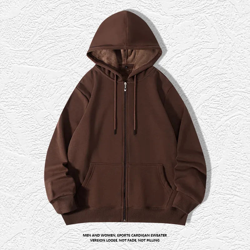 Men's plus size 420g hooded zip-up sweater in loose cardigan style with top-stitched pockets