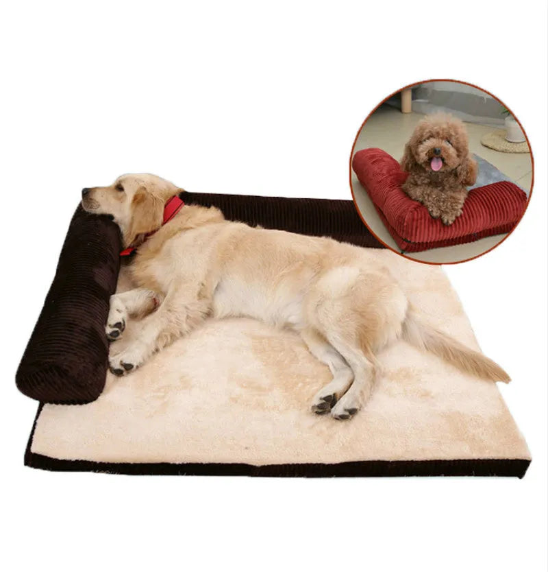 Corduroy pet sofa dog bed in grey, showing bilateral raised edges and non-slip base.
