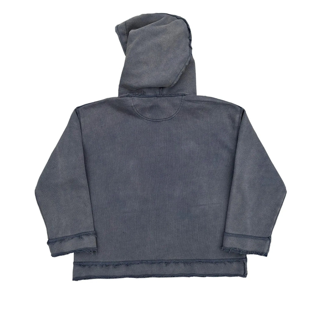 Dark blue hoodie with The Sun Also Rises graphic print on back, showing long sleeves and hood.