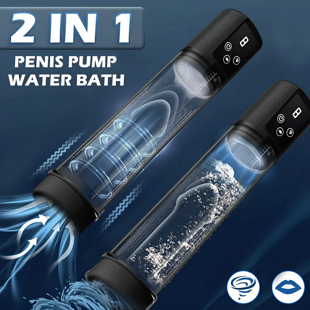 Handheld electric penis pump in diqiao colour, made from black ABS and grey TPE plastic.