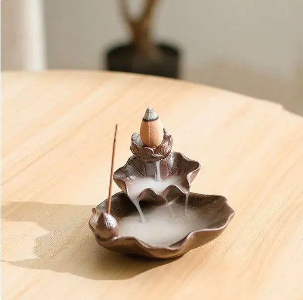 Square ceramic incense burner with purple clay base featuring crystal glaze good luck patterns and lotus designs