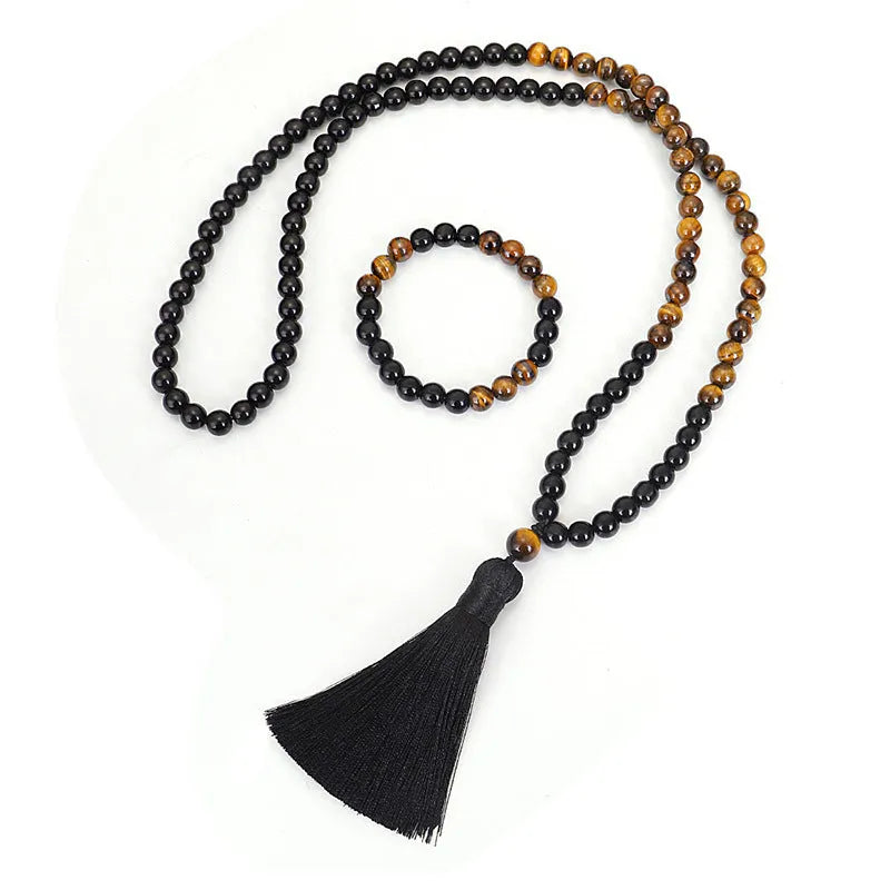 Tiger eye stone tassel necklace with 81cm length and ball bead chain, showing drop shape pendant