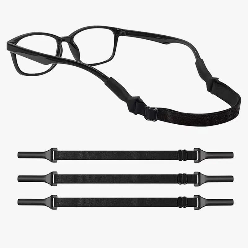 Black adjustable glasses cord with silicone earpiece tips shown on spectacles