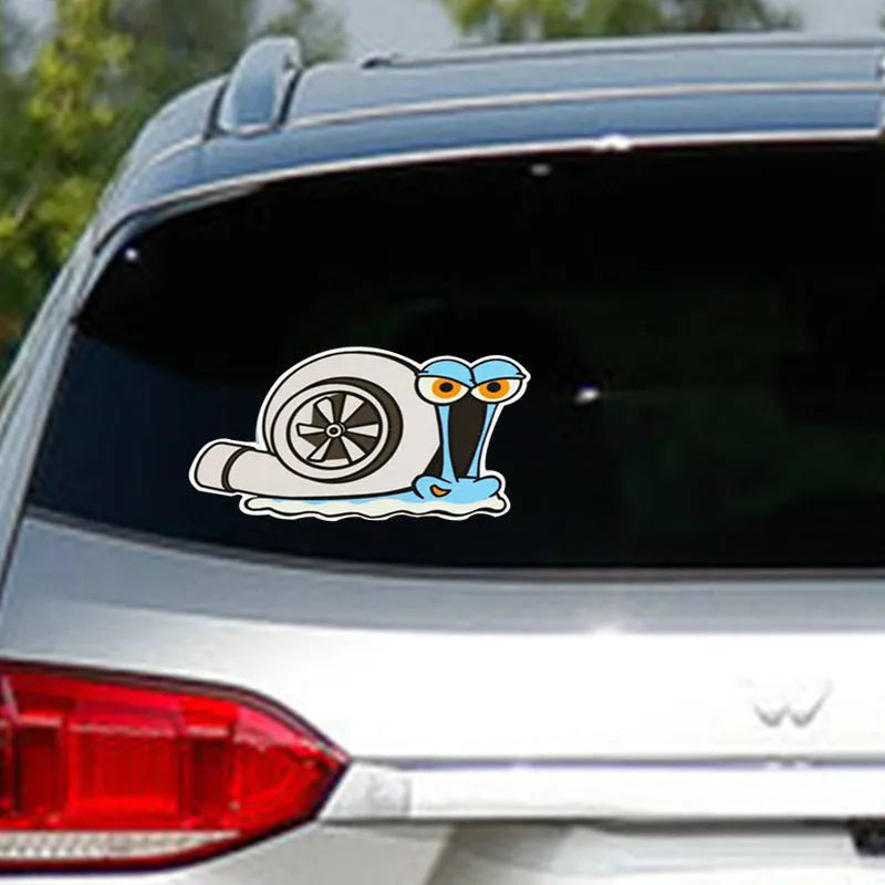 Cartoon snail reflective car sticker decal measuring 12 by 8 centimetres.