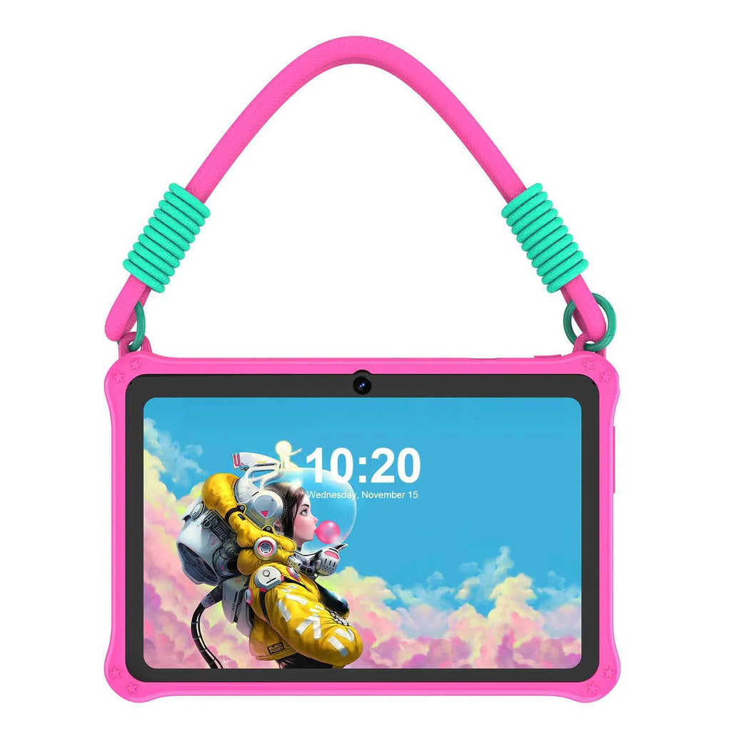 Sapphire blue silicone protective case for a 7-inch children's tablet on a table.