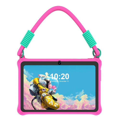 Sapphire blue silicone protective case for a 7-inch children's tablet on a table.