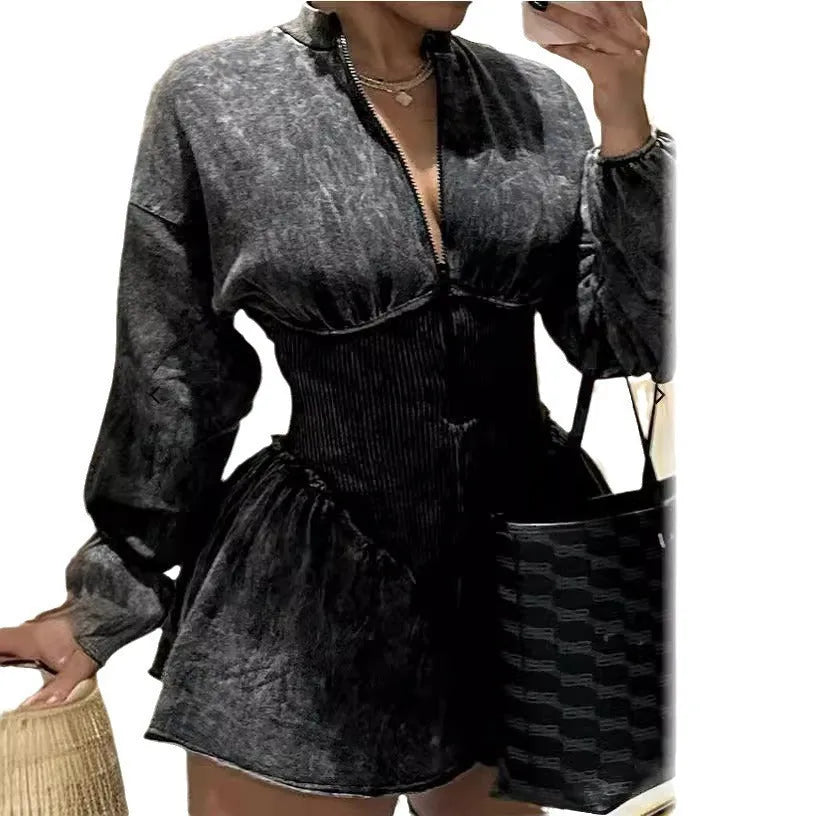 Grey women's A-line dress with digital printing and a drawstring waist, long sleeves.