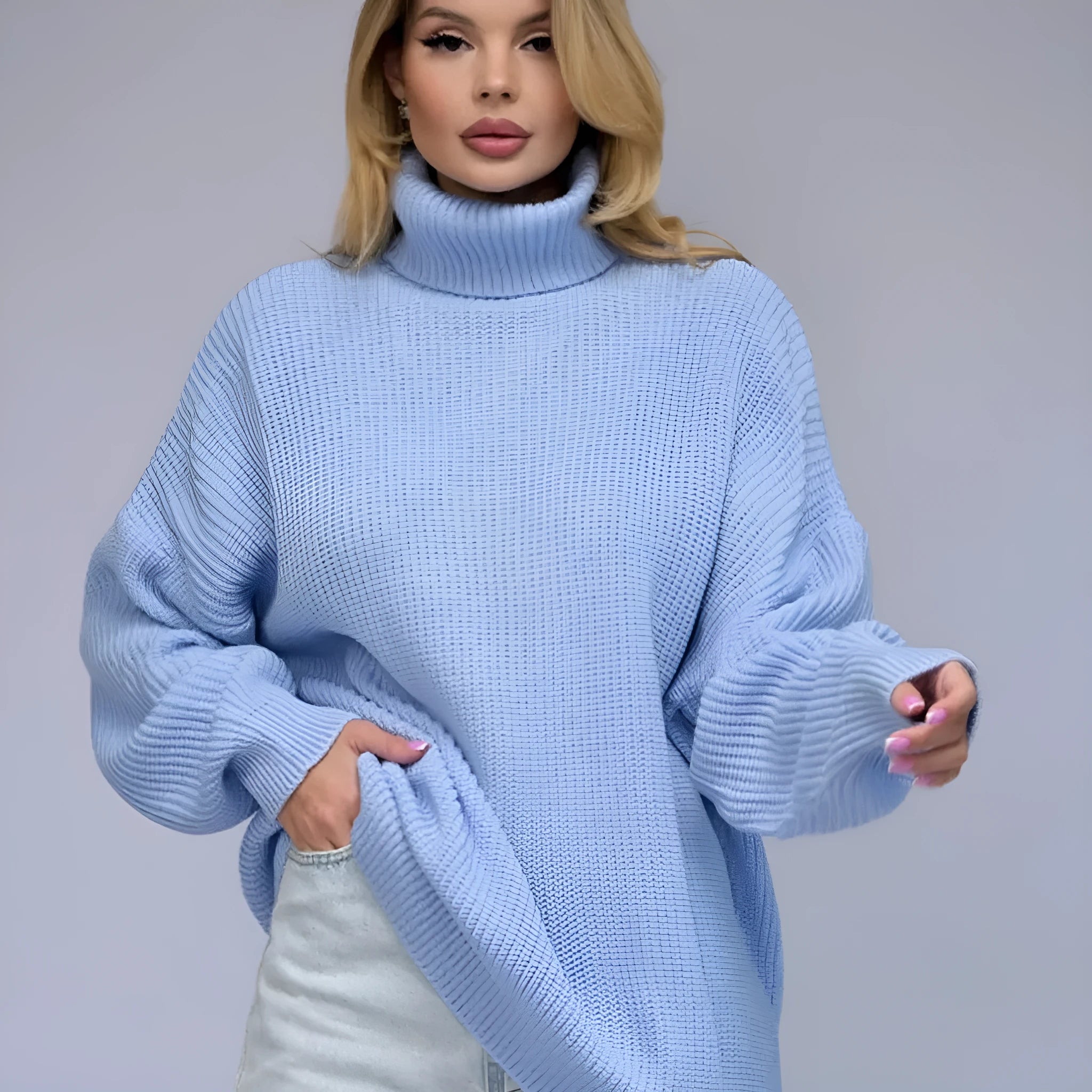 Women's high neck pullover sweater in imitation cashmere with 3D pattern