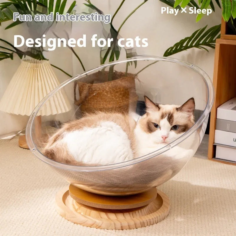 Transparent acrylic cat space capsule bathtub bed with turntable base on wooden floor