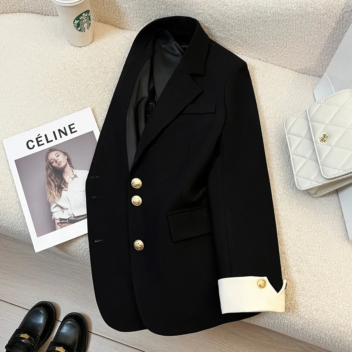 Women's Korean style loose fit polyester trench coat in milky white showing medium length and pocket details