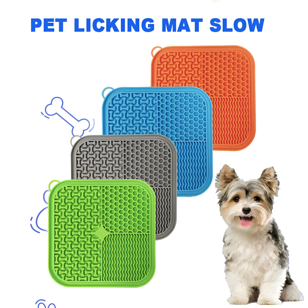 Blue silicone dog licking mat with textured surface and suction cups on back.