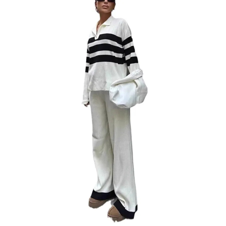 Women's black and white striped polo collar knitted top with matching trousers casual two-piece set