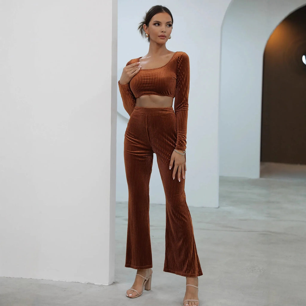 Caramel coloured women's long sleeve sweater and matching trousers casual two-piece set.
