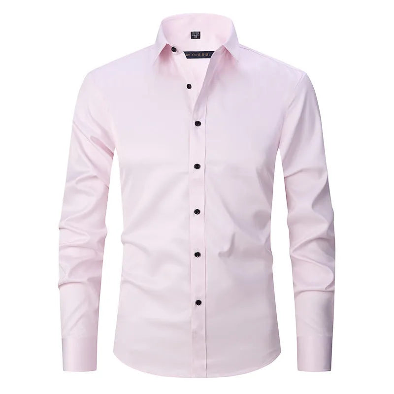 Men's long sleeve stretch work shirt in polyester fabric on a hanger.