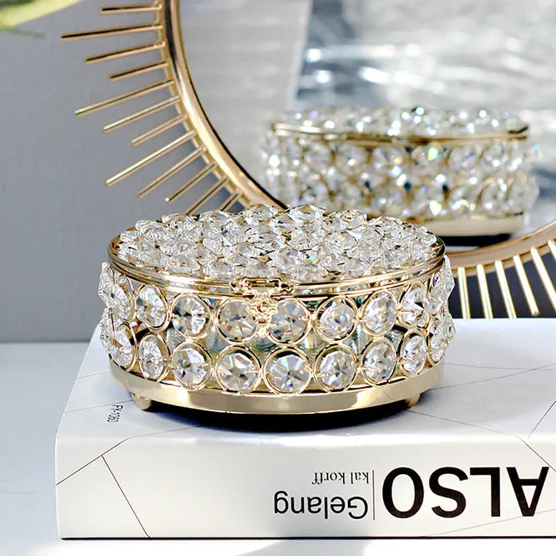 French gold European style jewelry storage box with crystal glass transparent panels and iron construction