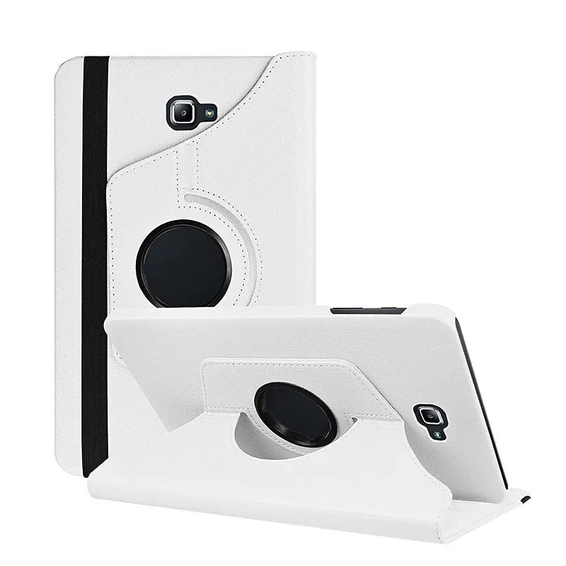 Rotating leather tablet case in clamshell design for iPad 1, shown in multiple colour options.