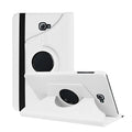 Rotating leather tablet case in clamshell design for iPad 1, shown in multiple colour options.