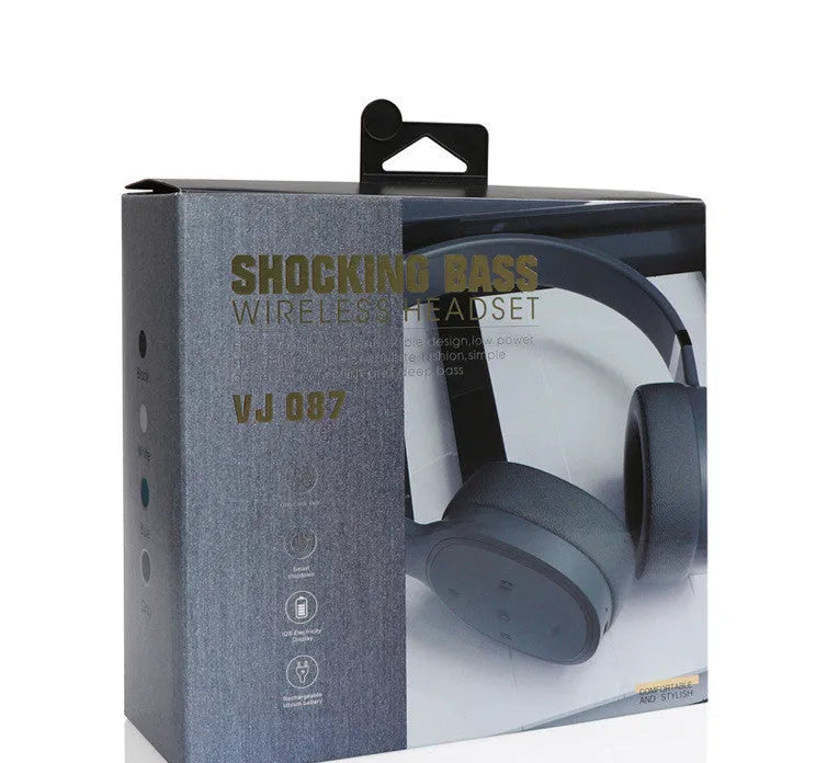 Wireless Bluetooth over-ear headset in black, shown with its packaging box.