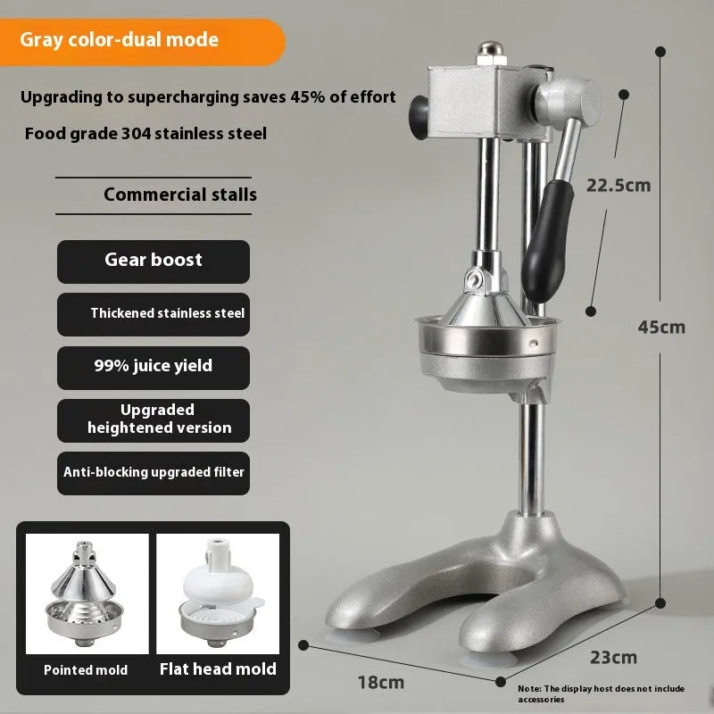 Stainless steel manual vertical juicer on a countertop, showing options for black, silver, orange, white, and electroplated finishes with pointed, flat, and double head tips.