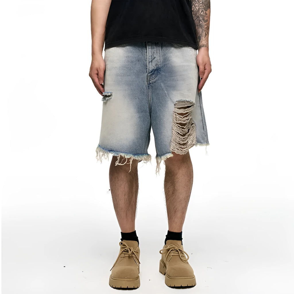 Men's light blue washed denim shorts with a baggy wide-leg fit and mid waist.