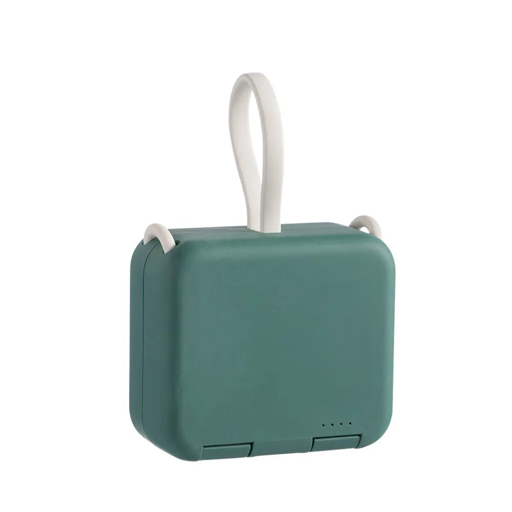 Handbag back clip power bank in blue, showing clip, phone stand function, and Type-C/Lightning ports.