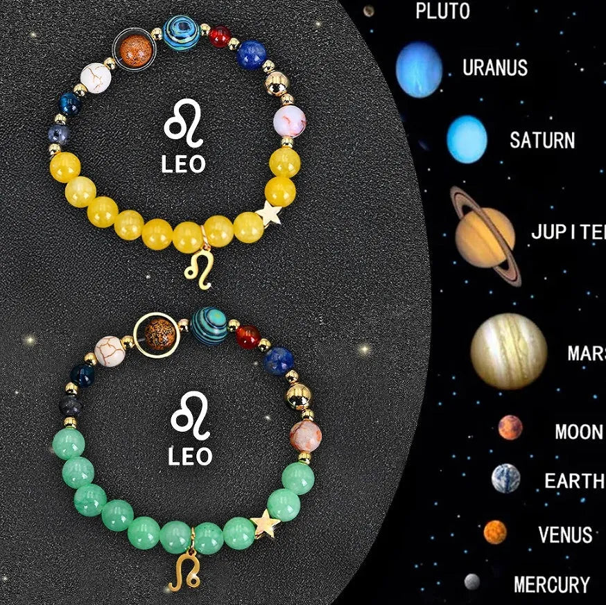 Two natural stone beaded bracelets with zodiac charm pendants on adjustable leather straps