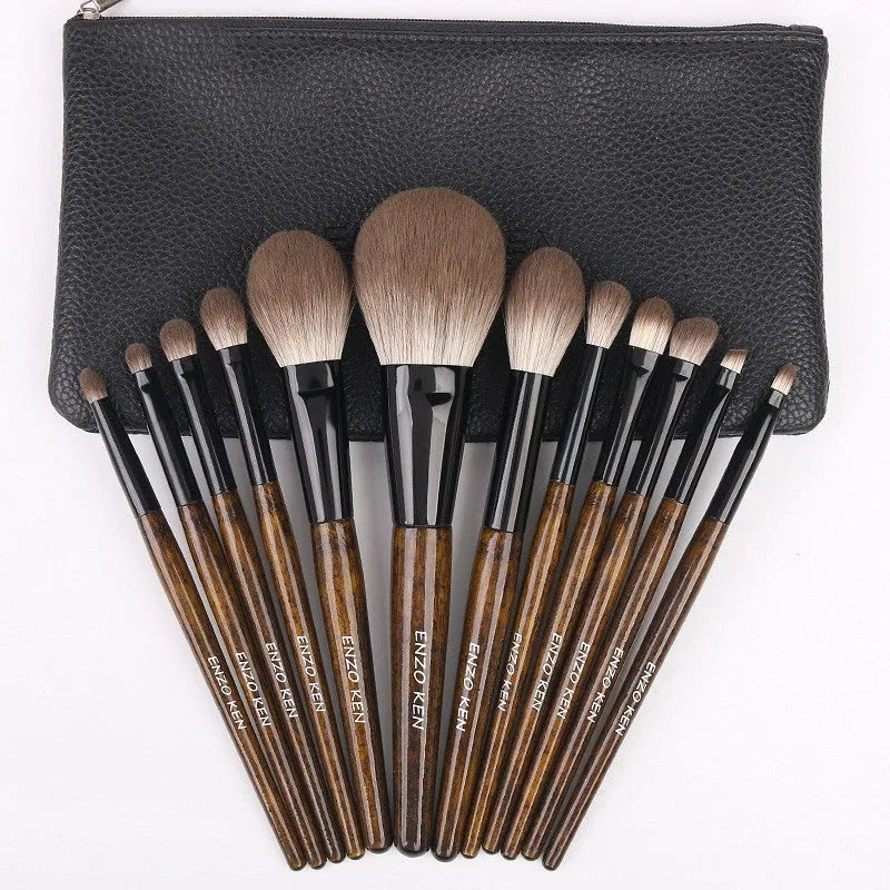 12 piece makeup brush set with wooden handles and powder foundation brush in PU storage bag