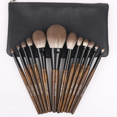 12 piece makeup brush set with wooden handles and powder foundation brush in PU storage bag