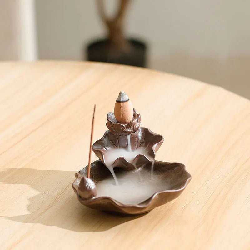 Square ceramic incense burner with purple clay base featuring crystal glaze good luck patterns and lotus designs