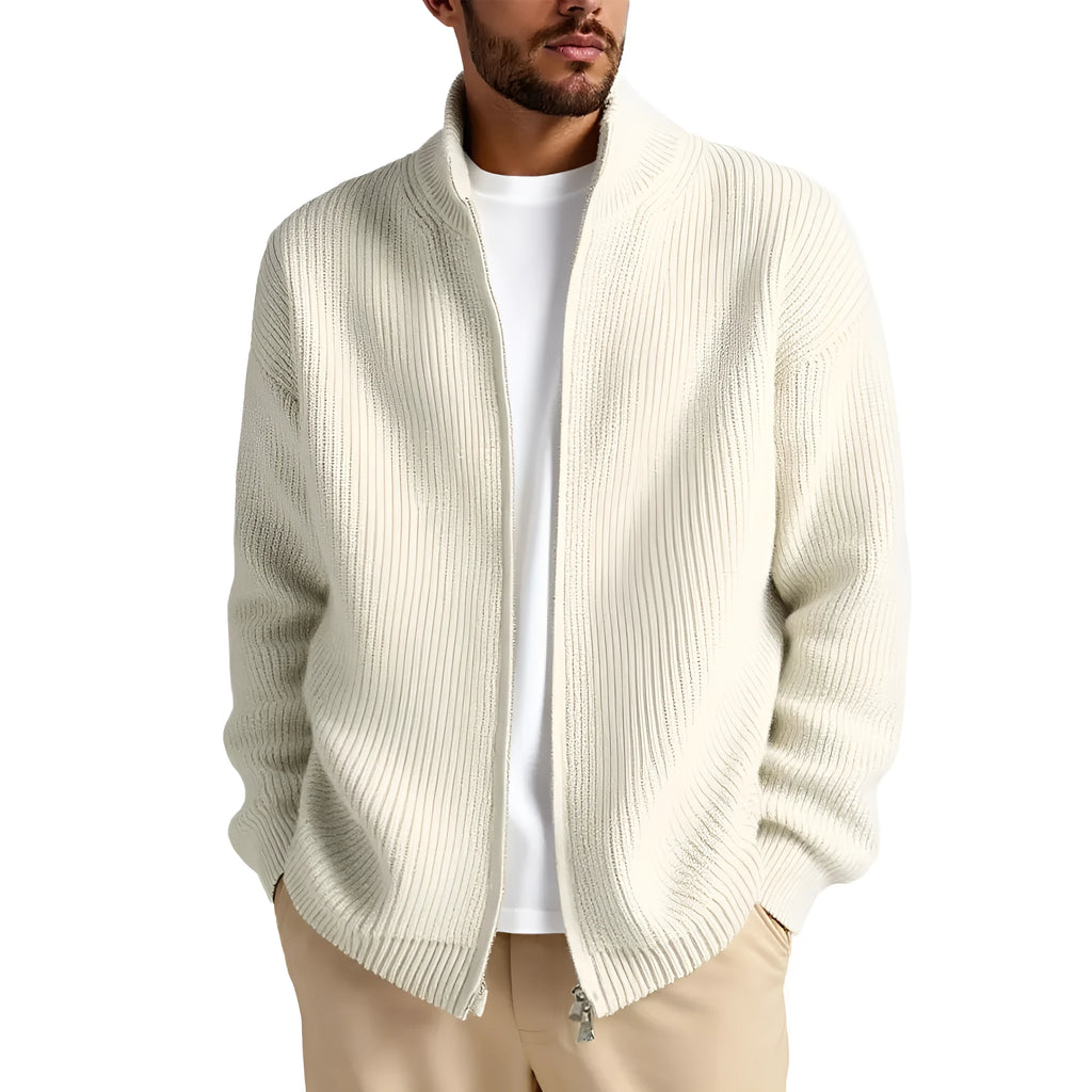 Men's loose-fit cardigan sweater in a grey colour, showing button front and long sleeves.
