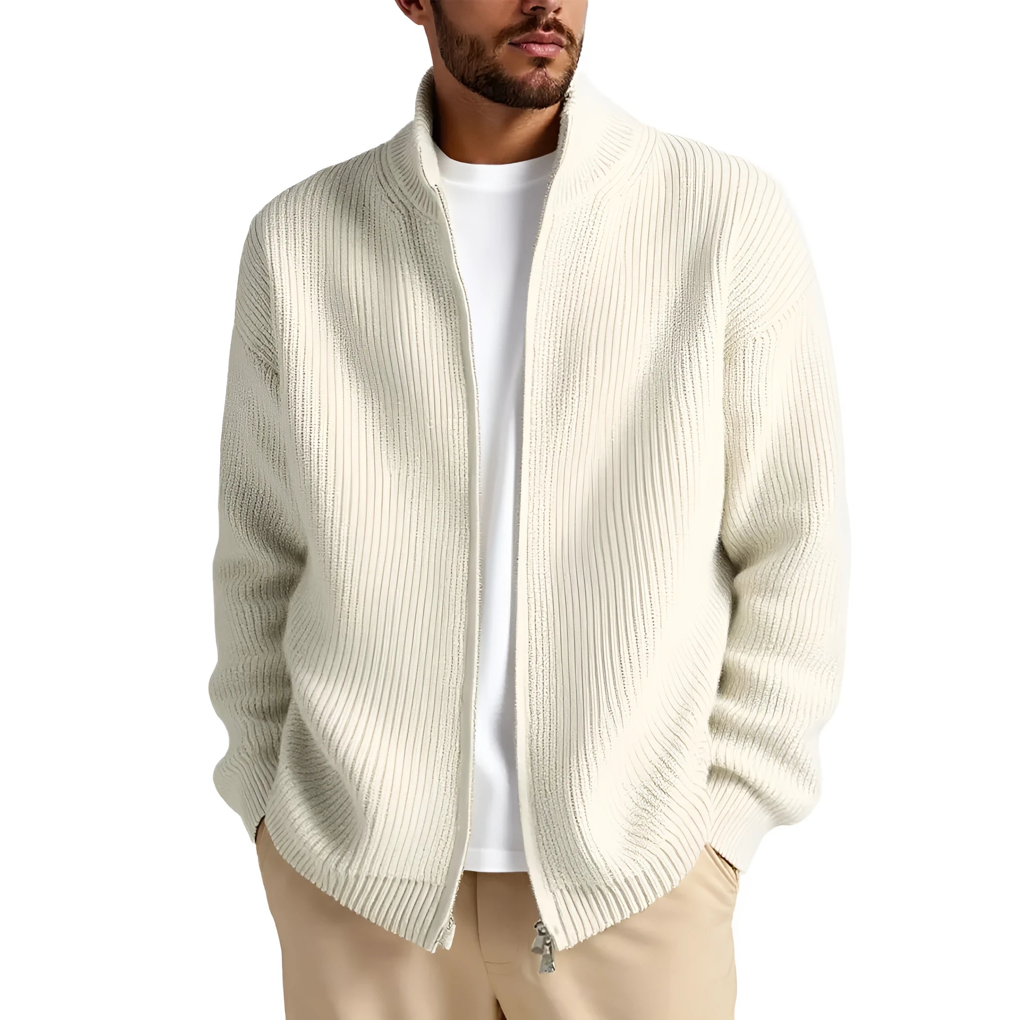 Men's loose-fit cardigan sweater in a grey colour, showing button front and long sleeves.