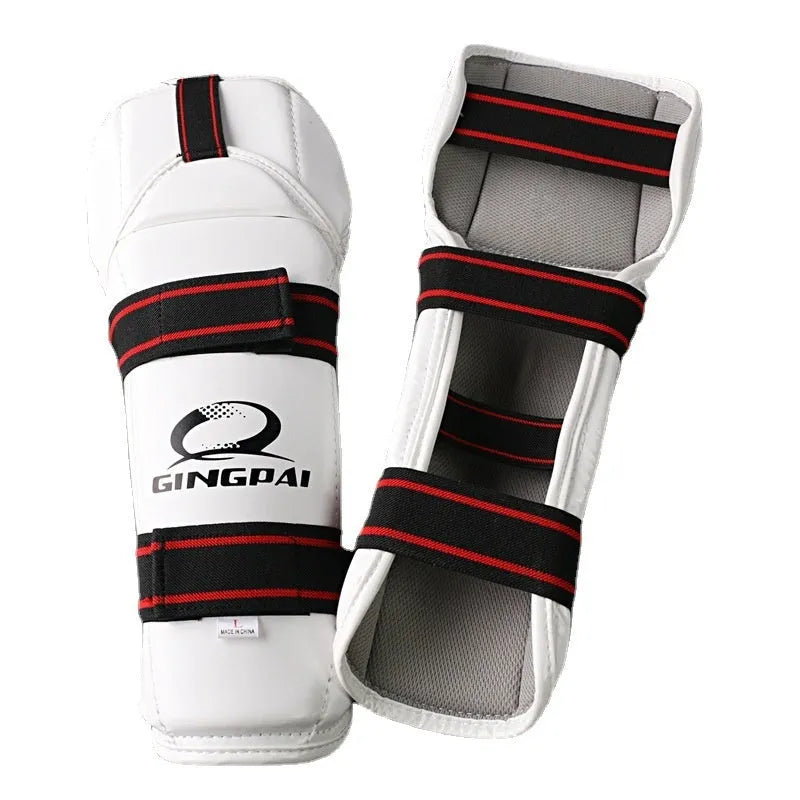 Taekwondo protective gear set showing arm guard, elbow guard and leg protector in PU EVA material