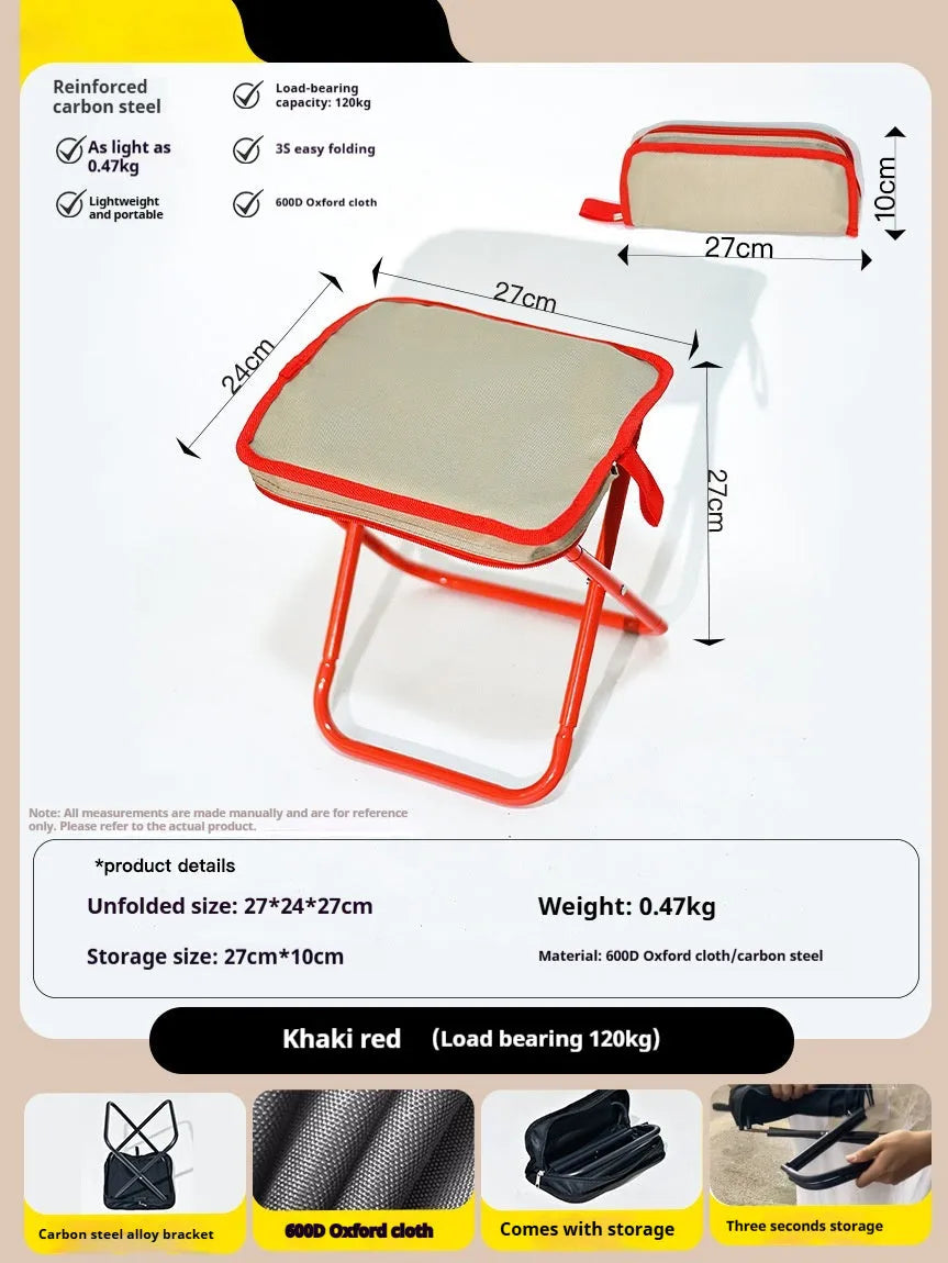 Lightweight foldable camp chair stool in Oxford cloth, shown in a khaki colour, folded into its compact pencil box shape.