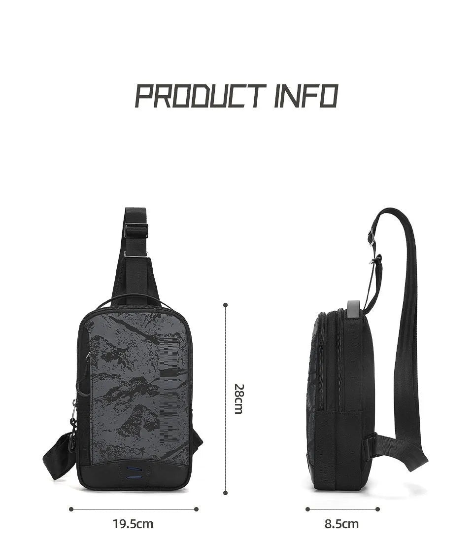 Casual black TPU camouflage pattern chest bag with single shoulder strap and soft handle.