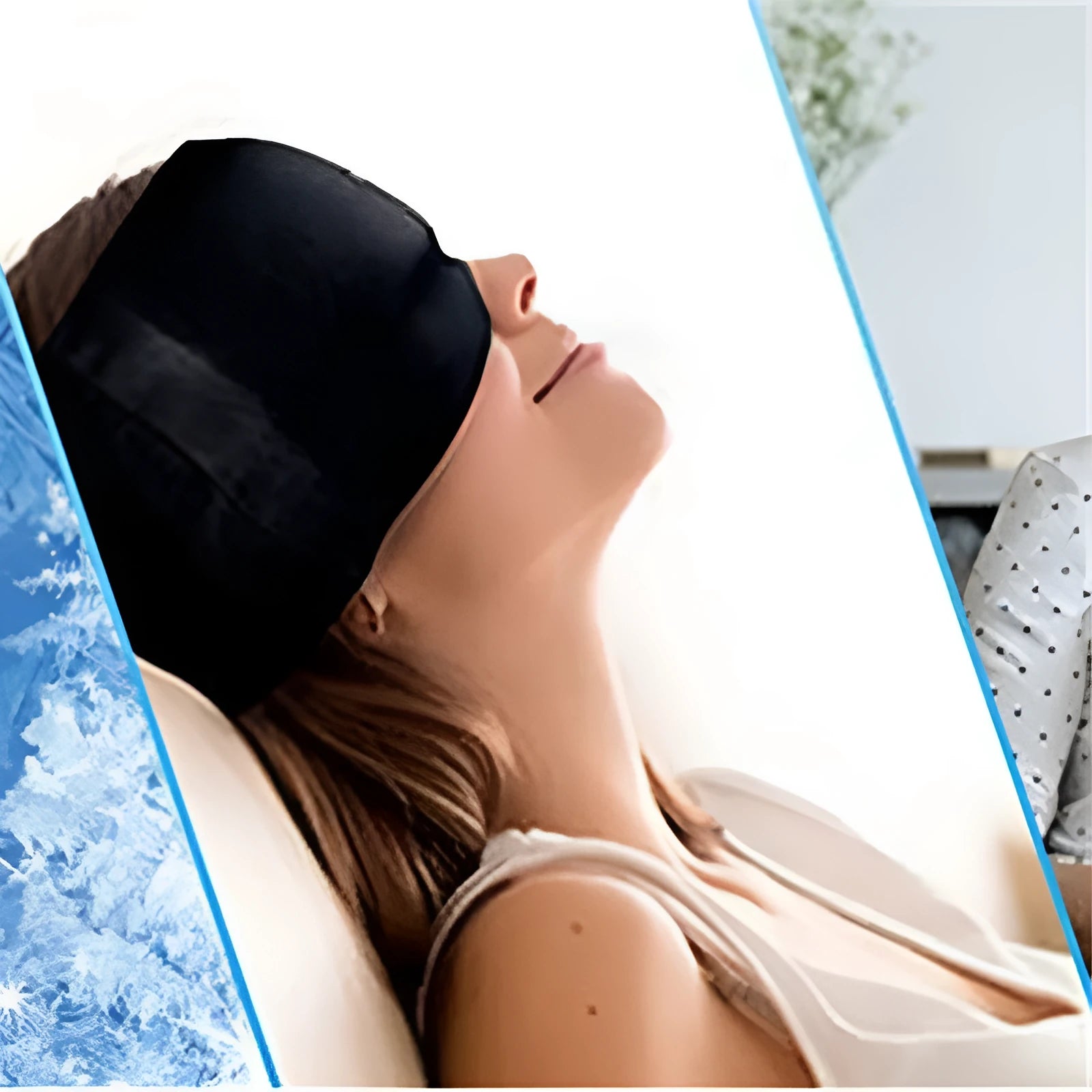 Black adjustable cold compress gel eye mask for headache relief on a plain background.