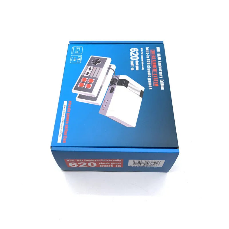 NES 8-bit retro game console with two controllers showing compact design and AV interface connectivity