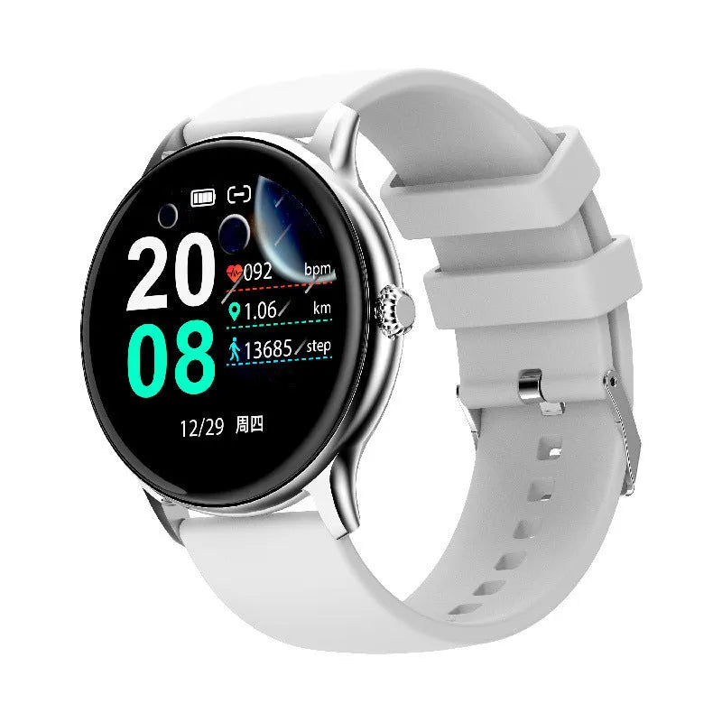 Smart watch with blood pressure monitoring on black silicone wristband showing touch screen display