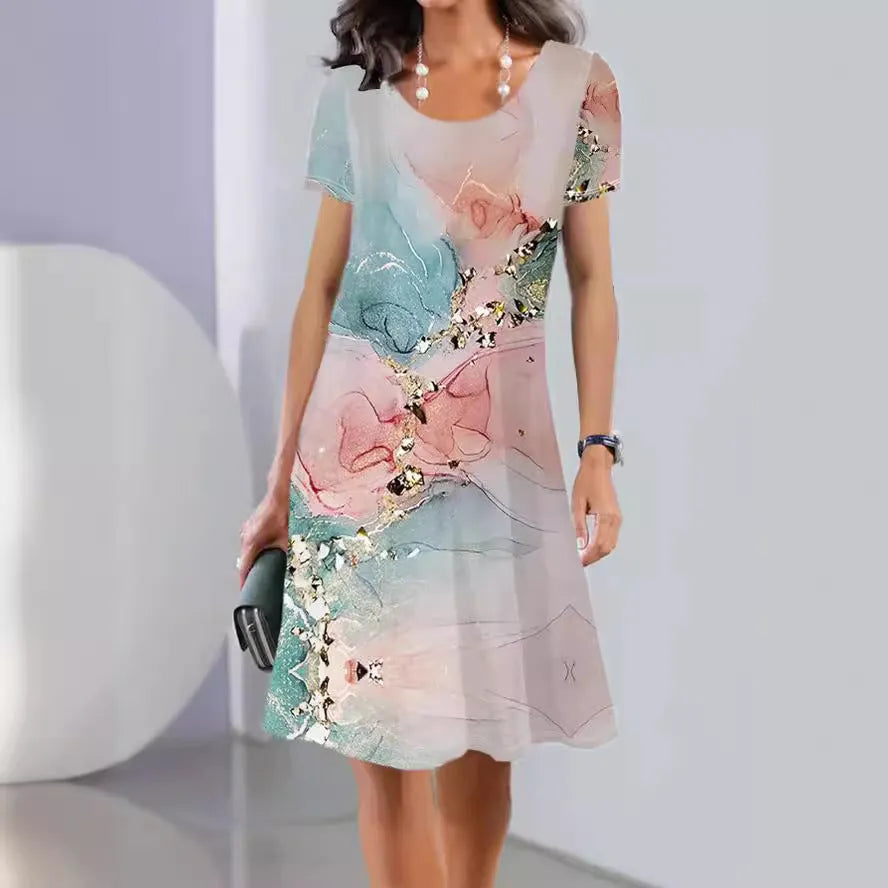 Women's floral printed summer dress with short sleeves and A-line mid-length skirt in ice silk fabric